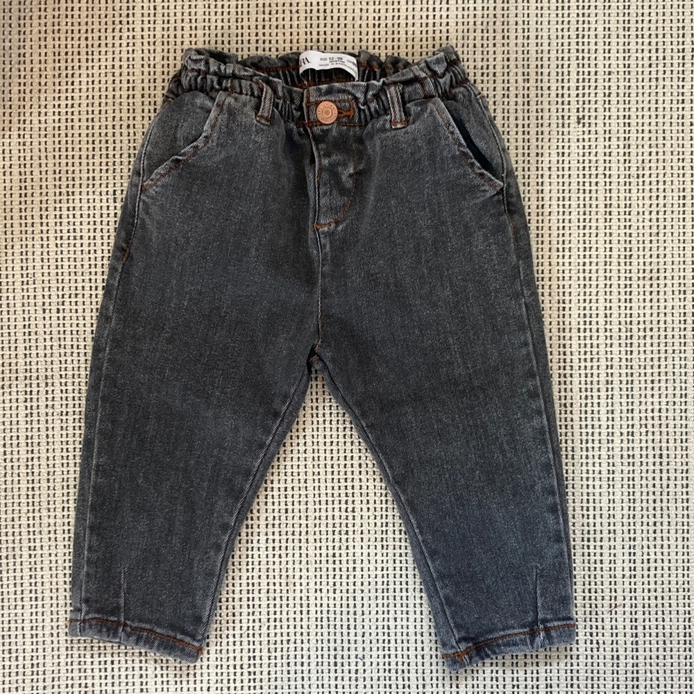 Zara Kids Elastic Waist Black Washed Denim Pants